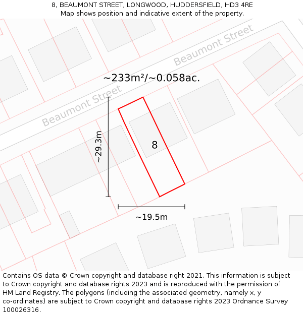 8, BEAUMONT STREET, LONGWOOD, HUDDERSFIELD, HD3 4RE: Plot and title map