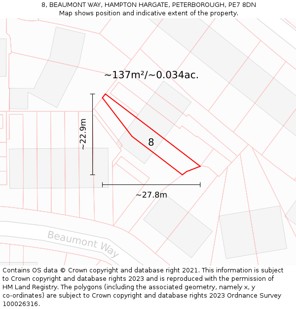 8, BEAUMONT WAY, HAMPTON HARGATE, PETERBOROUGH, PE7 8DN: Plot and title map