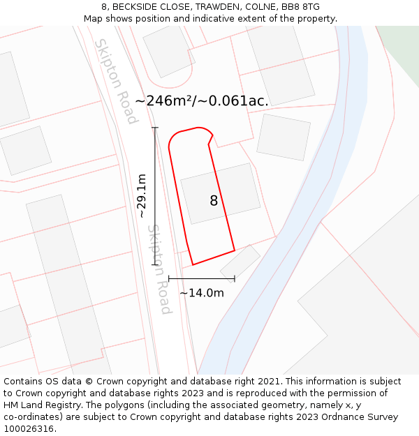 8, BECKSIDE CLOSE, TRAWDEN, COLNE, BB8 8TG: Plot and title map