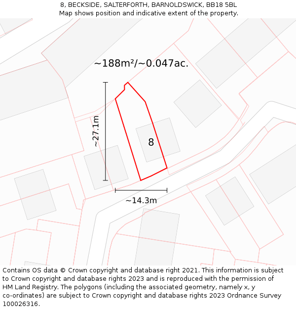 8, BECKSIDE, SALTERFORTH, BARNOLDSWICK, BB18 5BL: Plot and title map