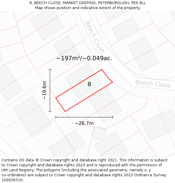 8, BEECH CLOSE, MARKET DEEPING, PETERBOROUGH, PE6 8LL: Plot and title map