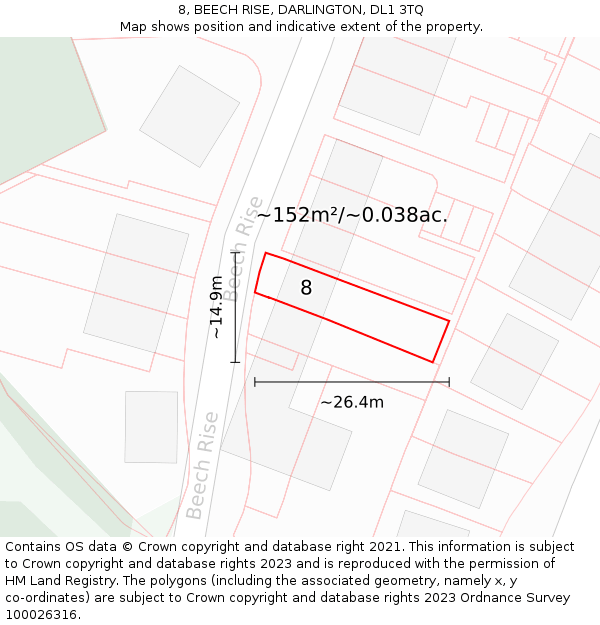 8, BEECH RISE, DARLINGTON, DL1 3TQ: Plot and title map