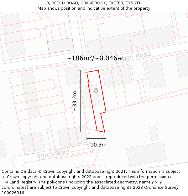 8, BEECH ROAD, CRANBROOK, EXETER, EX5 7FU: Plot and title map