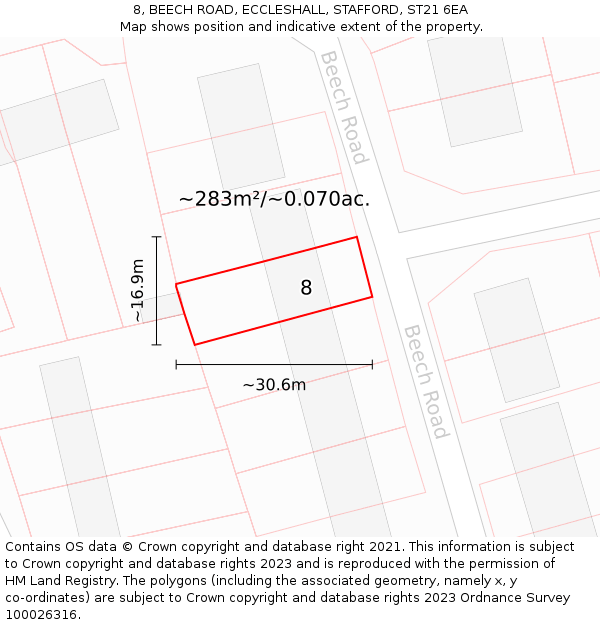8, BEECH ROAD, ECCLESHALL, STAFFORD, ST21 6EA: Plot and title map
