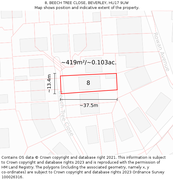 8, BEECH TREE CLOSE, BEVERLEY, HU17 9UW: Plot and title map