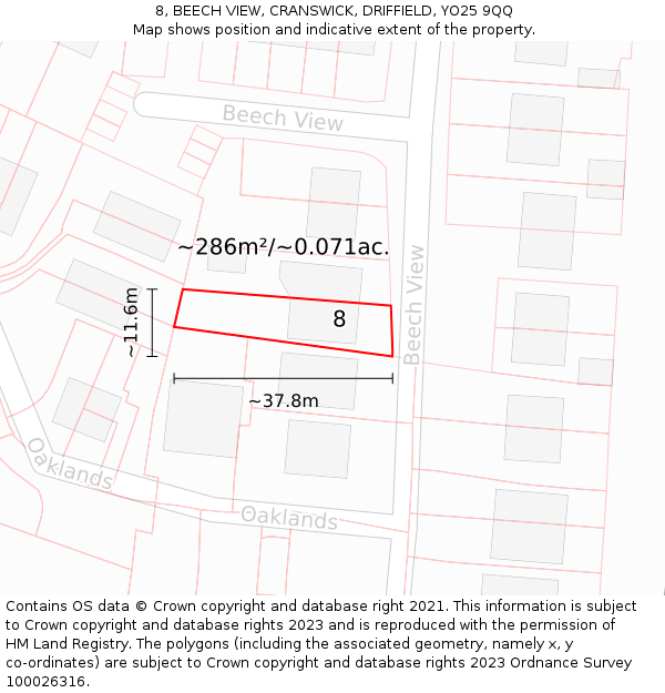 8, BEECH VIEW, CRANSWICK, DRIFFIELD, YO25 9QQ: Plot and title map