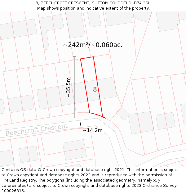 8, BEECHCROFT CRESCENT, SUTTON COLDFIELD, B74 3SH: Plot and title map
