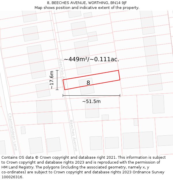 8, BEECHES AVENUE, WORTHING, BN14 9JF: Plot and title map