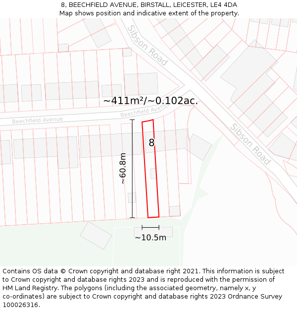 8, BEECHFIELD AVENUE, BIRSTALL, LEICESTER, LE4 4DA: Plot and title map