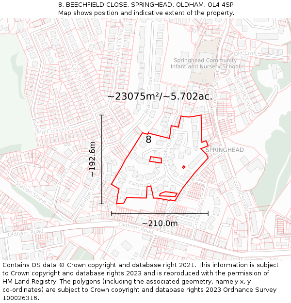 8, BEECHFIELD CLOSE, SPRINGHEAD, OLDHAM, OL4 4SP: Plot and title map