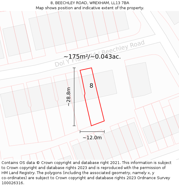 8, BEECHLEY ROAD, WREXHAM, LL13 7BA: Plot and title map