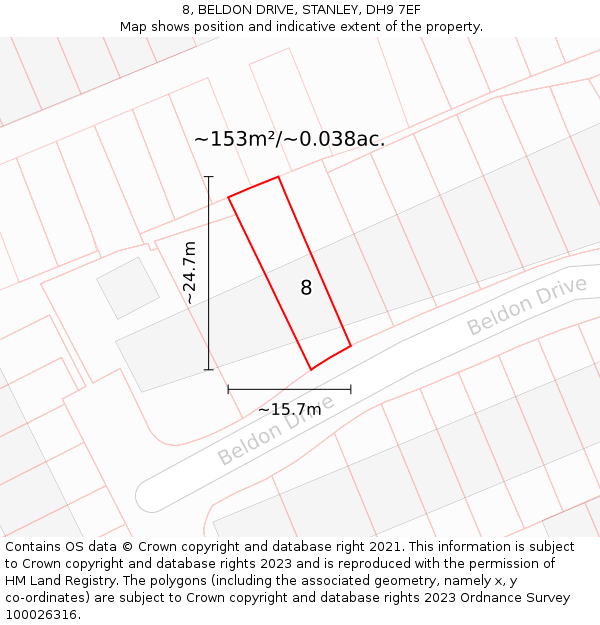 8, BELDON DRIVE, STANLEY, DH9 7EF: Plot and title map