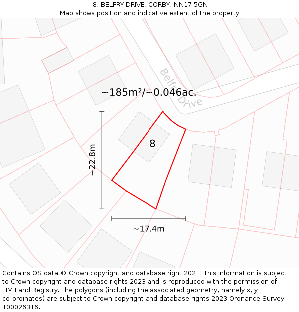 8, BELFRY DRIVE, CORBY, NN17 5GN: Plot and title map