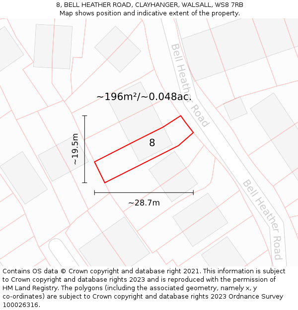 8, BELL HEATHER ROAD, CLAYHANGER, WALSALL, WS8 7RB: Plot and title map