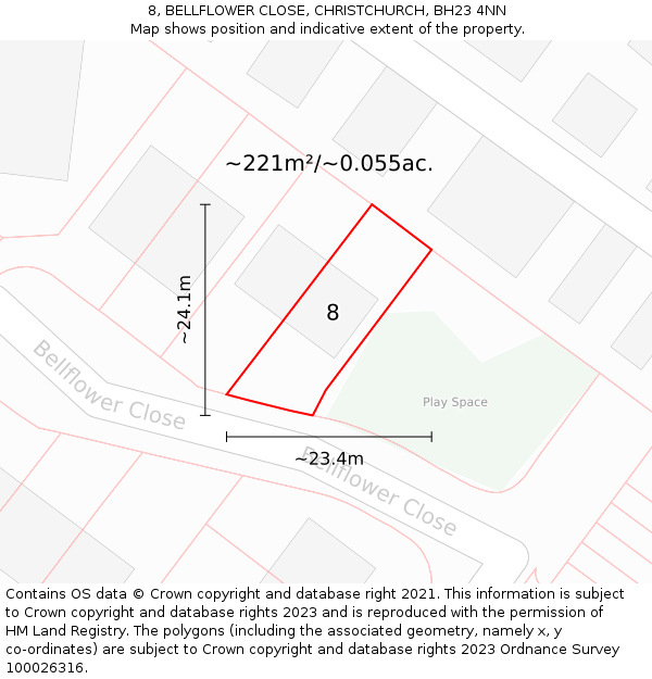 8, BELLFLOWER CLOSE, CHRISTCHURCH, BH23 4NN: Plot and title map