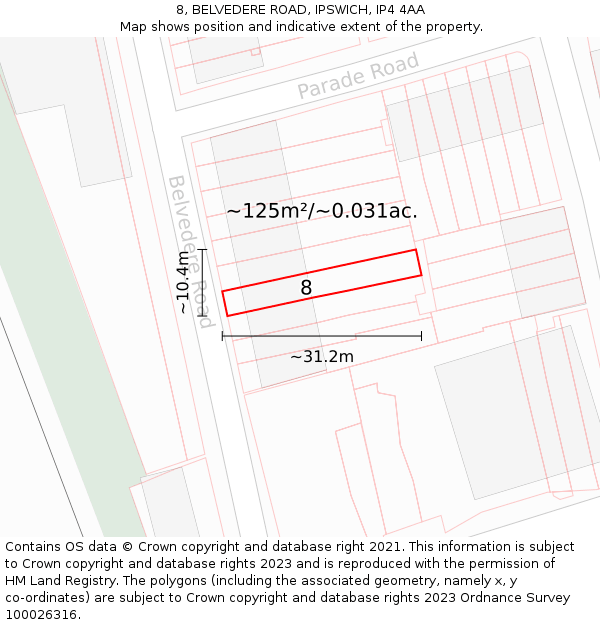 8, BELVEDERE ROAD, IPSWICH, IP4 4AA: Plot and title map