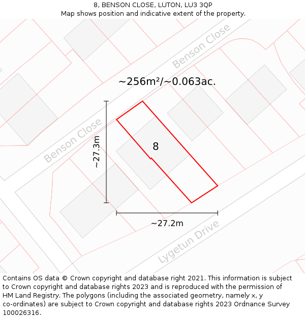 8, BENSON CLOSE, LUTON, LU3 3QP: Plot and title map