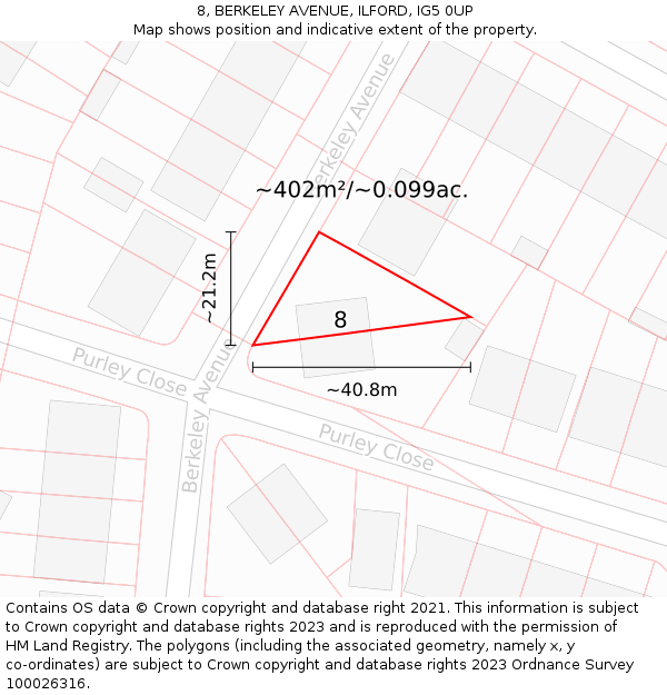 8, BERKELEY AVENUE, ILFORD, IG5 0UP: Plot and title map