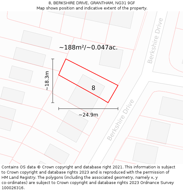 8, BERKSHIRE DRIVE, GRANTHAM, NG31 9GF: Plot and title map