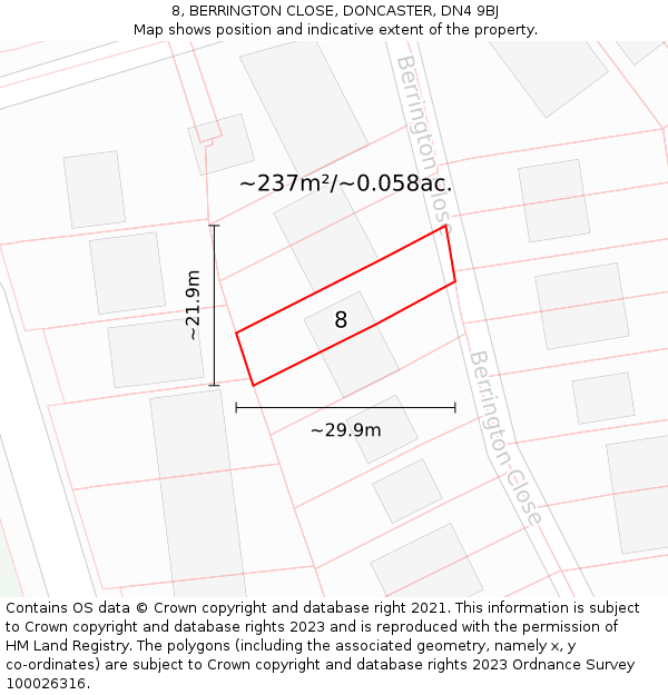 8, BERRINGTON CLOSE, DONCASTER, DN4 9BJ: Plot and title map