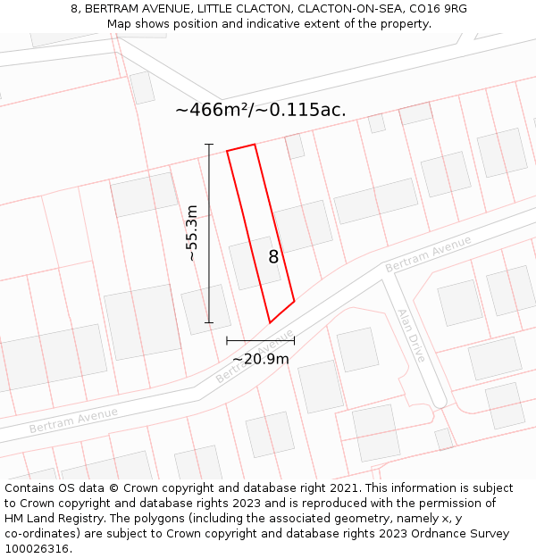 8, BERTRAM AVENUE, LITTLE CLACTON, CLACTON-ON-SEA, CO16 9RG: Plot and title map