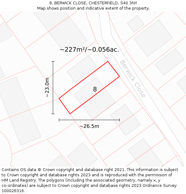 8, BERWICK CLOSE, CHESTERFIELD, S40 3NY: Plot and title map