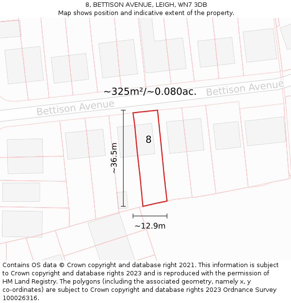 8, BETTISON AVENUE, LEIGH, WN7 3DB: Plot and title map