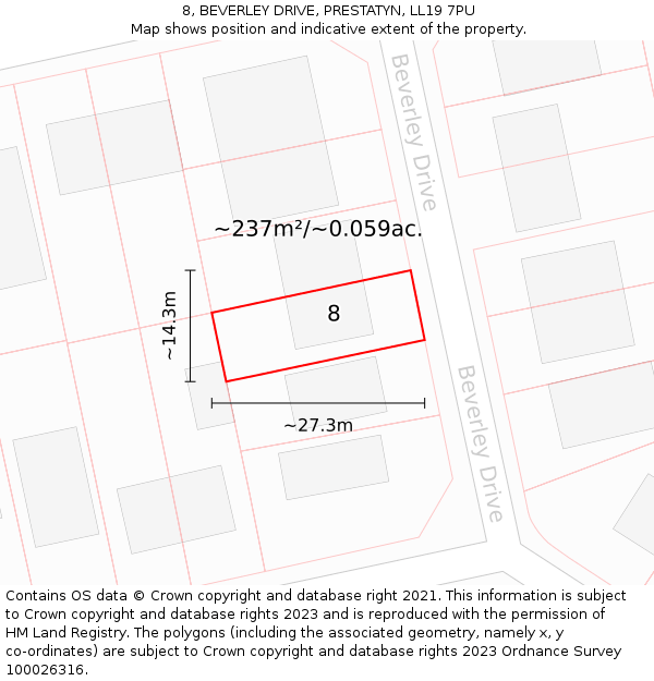 8, BEVERLEY DRIVE, PRESTATYN, LL19 7PU: Plot and title map