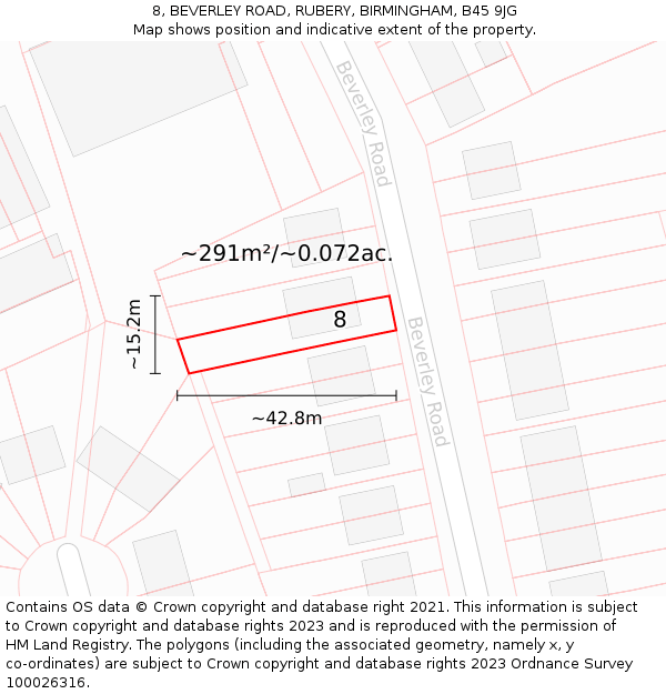 8, BEVERLEY ROAD, RUBERY, BIRMINGHAM, B45 9JG: Plot and title map