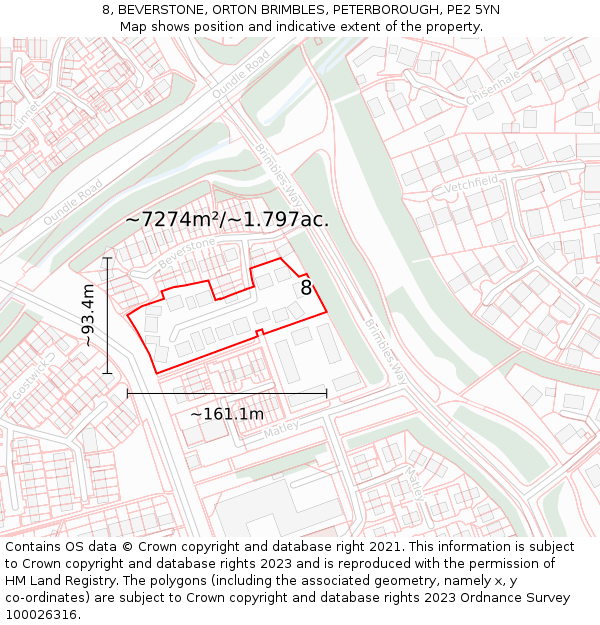 8, BEVERSTONE, ORTON BRIMBLES, PETERBOROUGH, PE2 5YN: Plot and title map