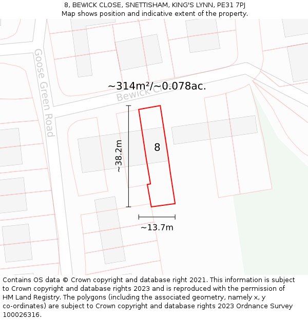 8, BEWICK CLOSE, SNETTISHAM, KING'S LYNN, PE31 7PJ: Plot and title map