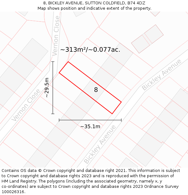8, BICKLEY AVENUE, SUTTON COLDFIELD, B74 4DZ: Plot and title map
