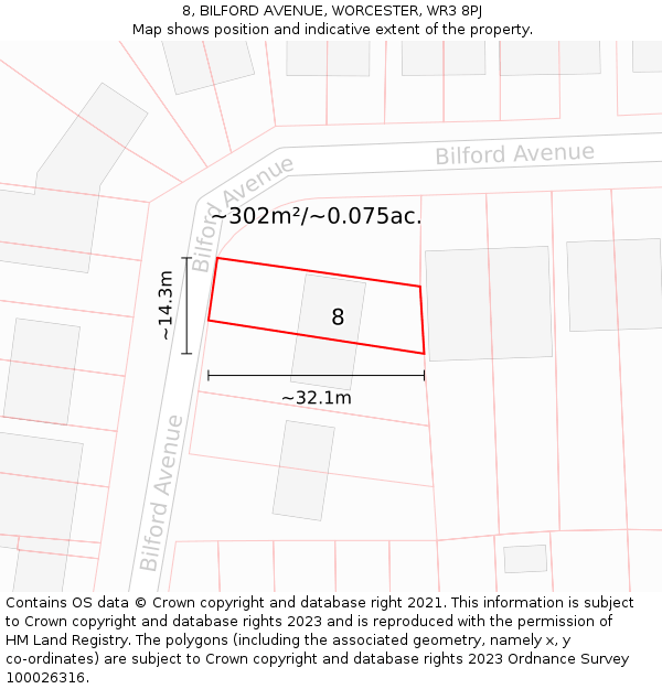 8, BILFORD AVENUE, WORCESTER, WR3 8PJ: Plot and title map