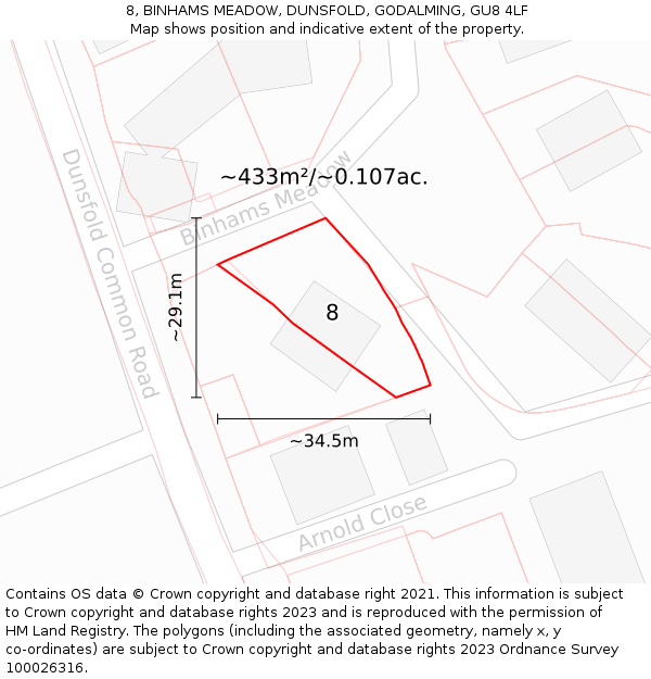 8, BINHAMS MEADOW, DUNSFOLD, GODALMING, GU8 4LF: Plot and title map