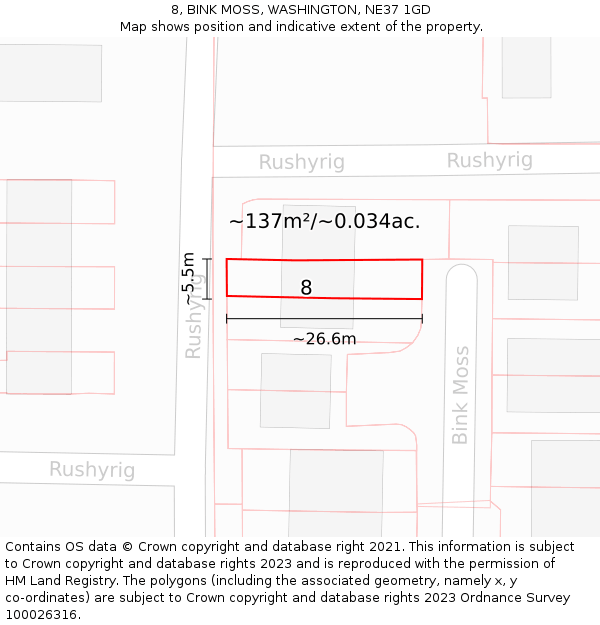 8, BINK MOSS, WASHINGTON, NE37 1GD: Plot and title map