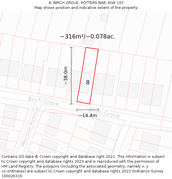 8, BIRCH GROVE, POTTERS BAR, EN6 1SY: Plot and title map