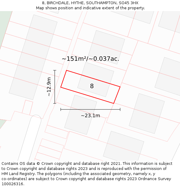 8, BIRCHDALE, HYTHE, SOUTHAMPTON, SO45 3HX: Plot and title map
