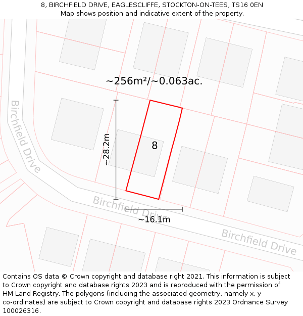 8, BIRCHFIELD DRIVE, EAGLESCLIFFE, STOCKTON-ON-TEES, TS16 0EN: Plot and title map