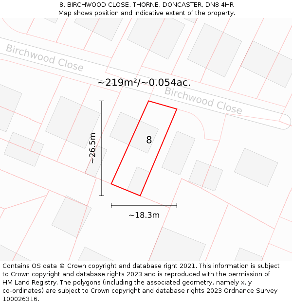 8, BIRCHWOOD CLOSE, THORNE, DONCASTER, DN8 4HR: Plot and title map