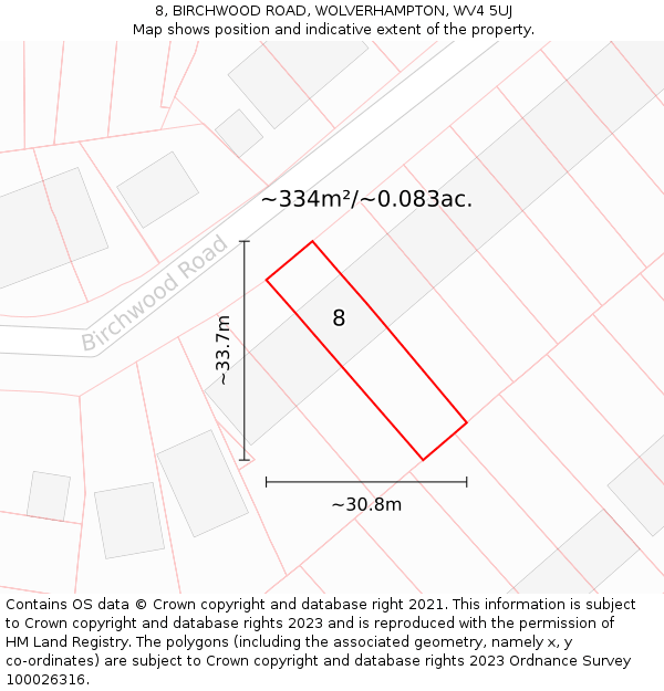 8, BIRCHWOOD ROAD, WOLVERHAMPTON, WV4 5UJ: Plot and title map