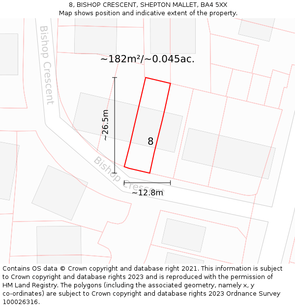 8, BISHOP CRESCENT, SHEPTON MALLET, BA4 5XX: Plot and title map