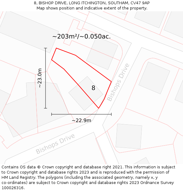 8, BISHOP DRIVE, LONG ITCHINGTON, SOUTHAM, CV47 9AP: Plot and title map