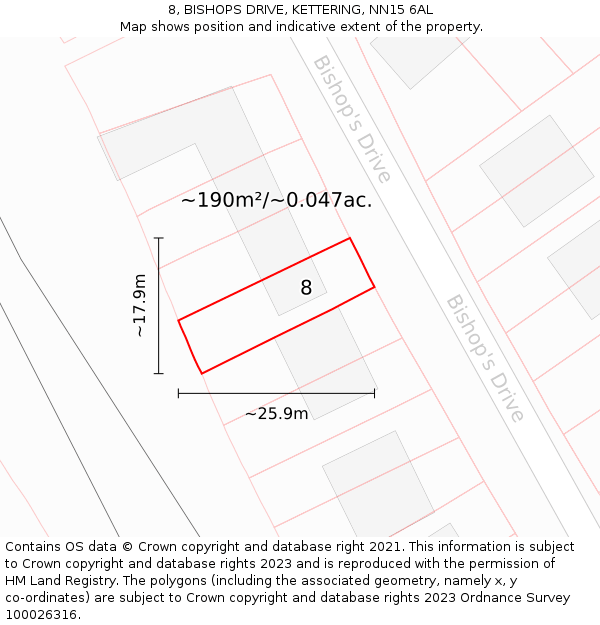 8, BISHOPS DRIVE, KETTERING, NN15 6AL: Plot and title map