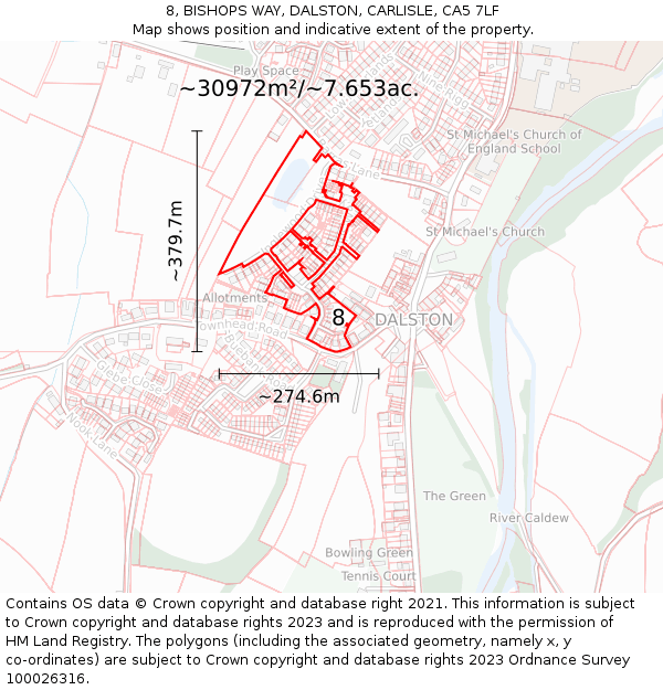 8, BISHOPS WAY, DALSTON, CARLISLE, CA5 7LF: Plot and title map