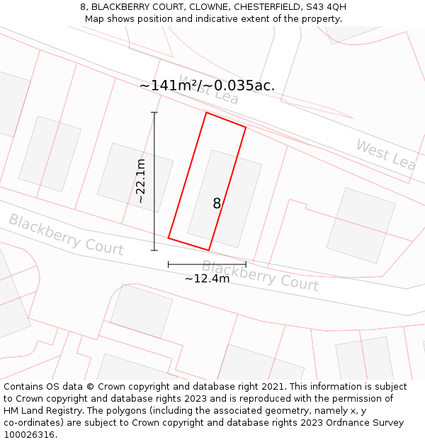 8, BLACKBERRY COURT, CLOWNE, CHESTERFIELD, S43 4QH: Plot and title map