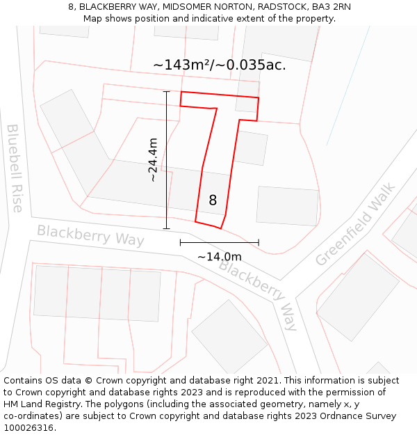 8, BLACKBERRY WAY, MIDSOMER NORTON, RADSTOCK, BA3 2RN: Plot and title map