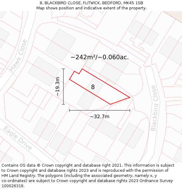 8, BLACKBIRD CLOSE, FLITWICK, BEDFORD, MK45 1SB: Plot and title map