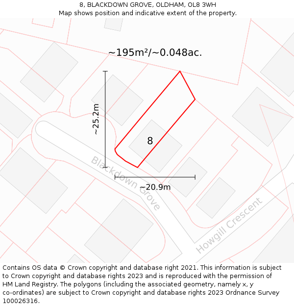 8, BLACKDOWN GROVE, OLDHAM, OL8 3WH: Plot and title map