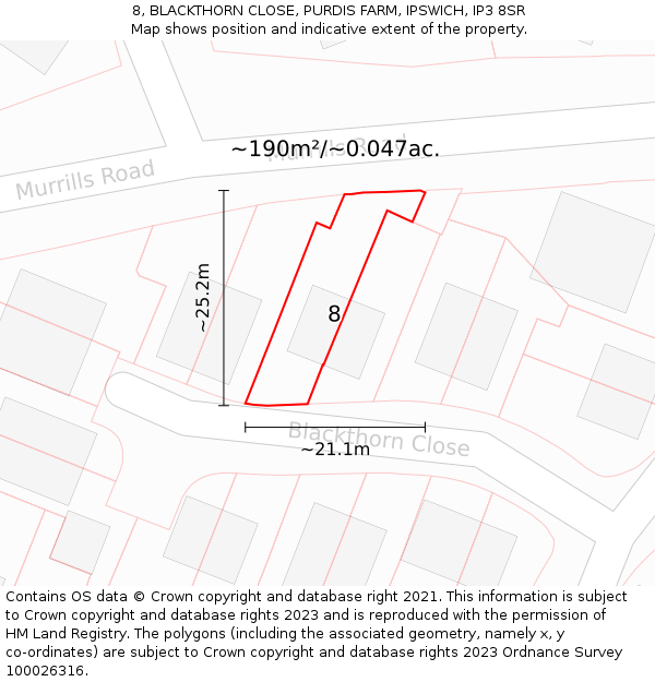 8, BLACKTHORN CLOSE, PURDIS FARM, IPSWICH, IP3 8SR: Plot and title map