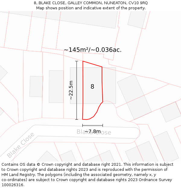 8, BLAKE CLOSE, GALLEY COMMON, NUNEATON, CV10 9RQ: Plot and title map